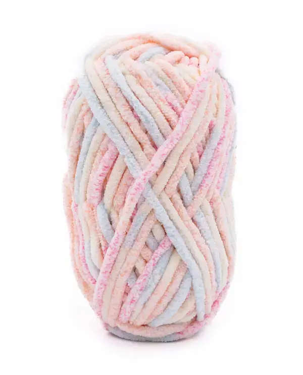 Miniature : Pelote vue de haut – fil chenille rose pastel et bleu ciel