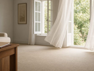 Open windows and a freshly cleaned carpet in an empty living room