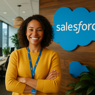 Een vrouw voor het logo van Salesforce