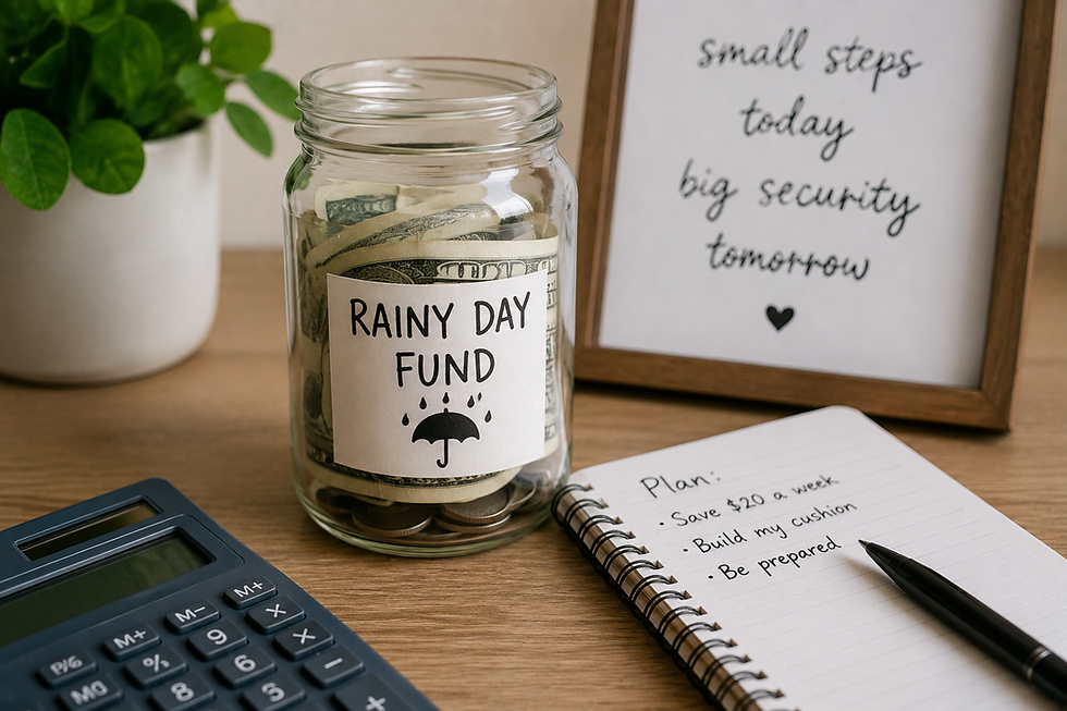 Jar of cash labeled Rainy Day Fund on desk with calculator, notebook plan, and framed quote about small steps