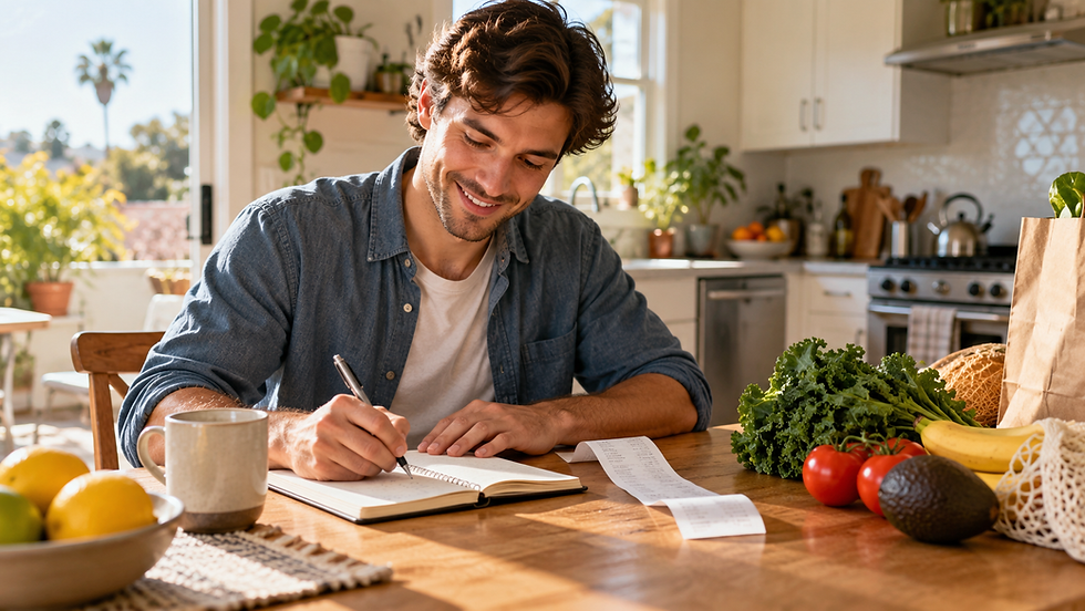 Smiling man writes in a notebook at a sunny kitchen table with groceries, fruit, and a receipt beside him.