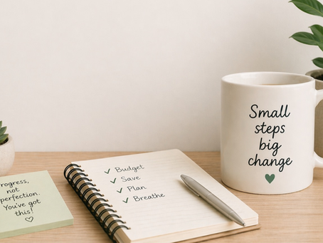 Cups, notebook, and sticky note with writing on it