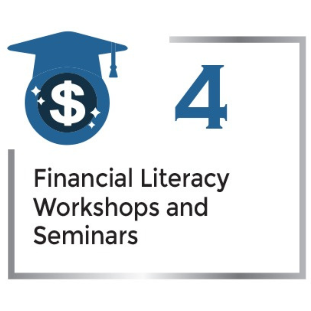 Graduation cap, dollar sign, 4 Financial Literacy Workshops and Seminars.