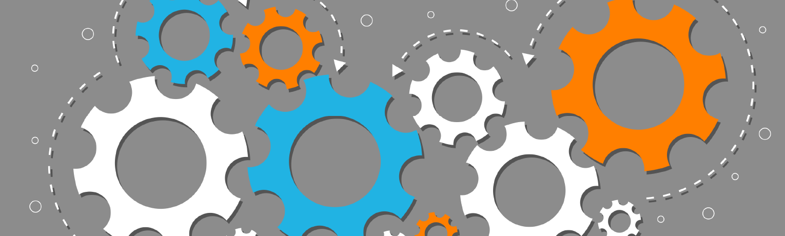 Colorful gears in motion on gray background, business process concept SCCUA