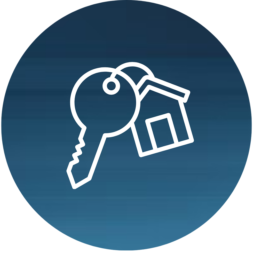 Outline icon of a key and house on a keyring, blue background.