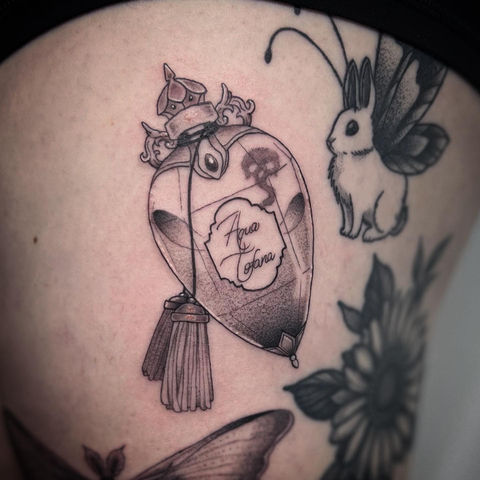 aqua tofana poison bottle fine line dot work Victorian illustrative Italian tattoo