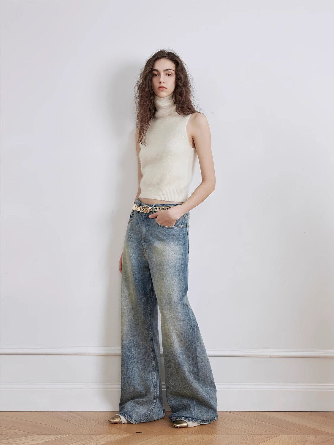 Retro Modern Washed Chicken Claw Wrinkled Jeans Spacious Straight Wide Leg Pants