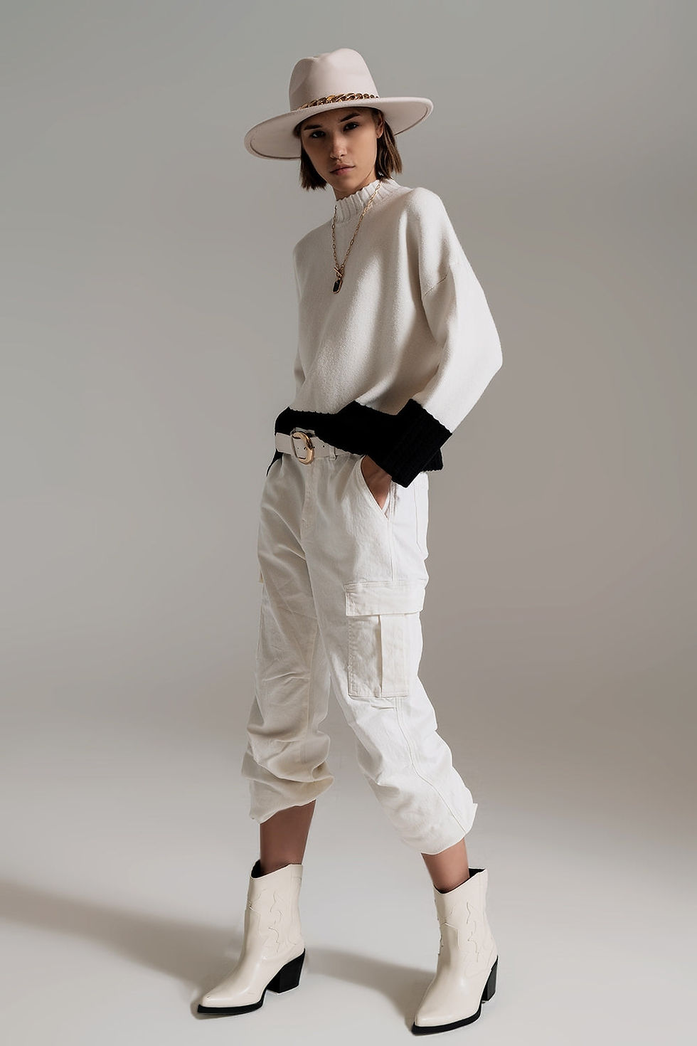 Thumbnail: White Jumper With Black Ribbed Cuffs and Hem