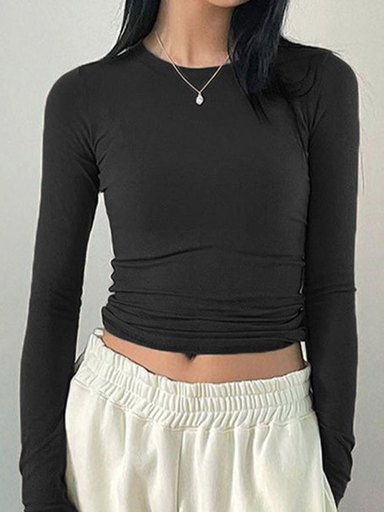 Camisetas Femininas Casuais Slim Fit de Manga Comprida com Gola Redonda