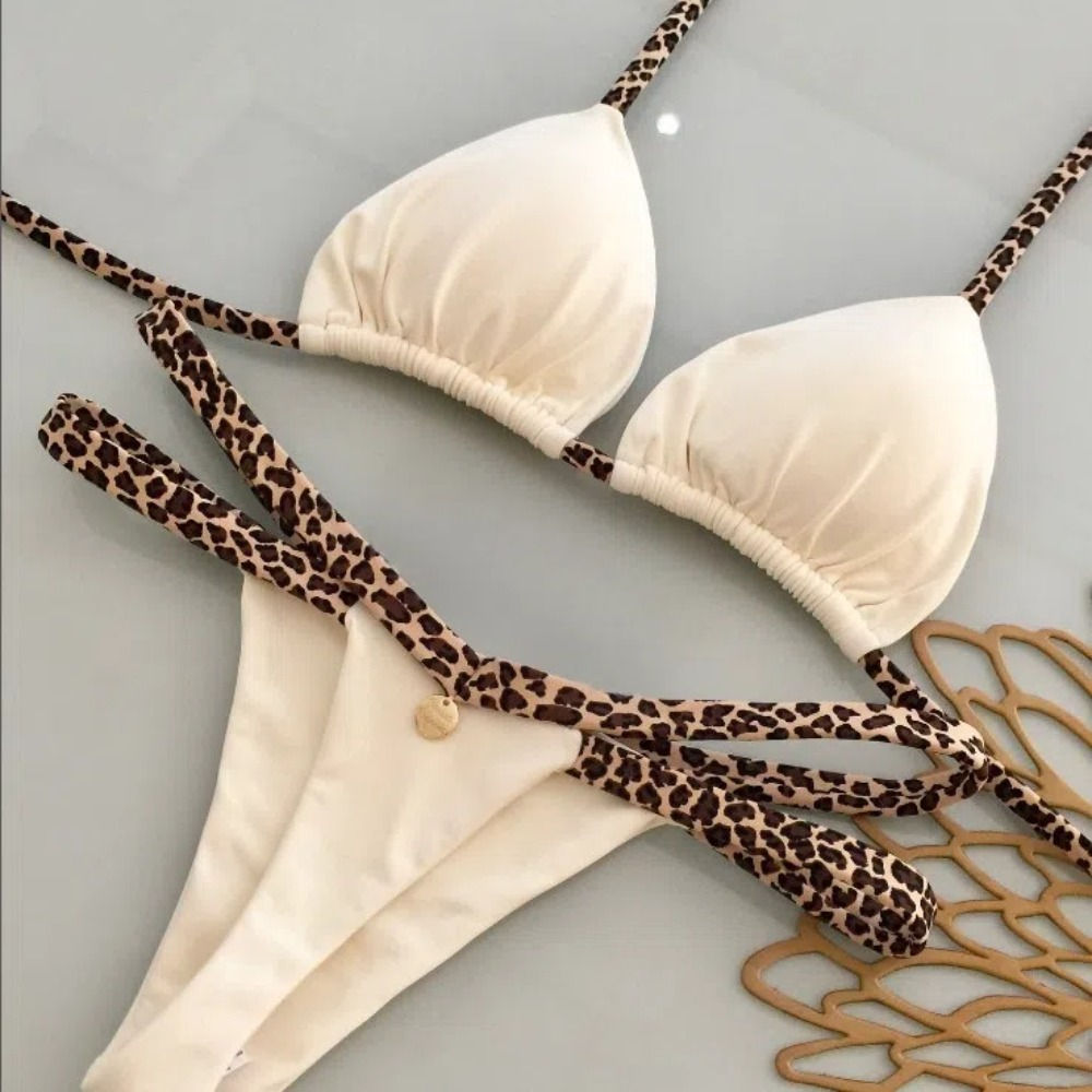 Biquíni Cortininha Alças Animal Print & Calcinha Tanga Tiras Duplas