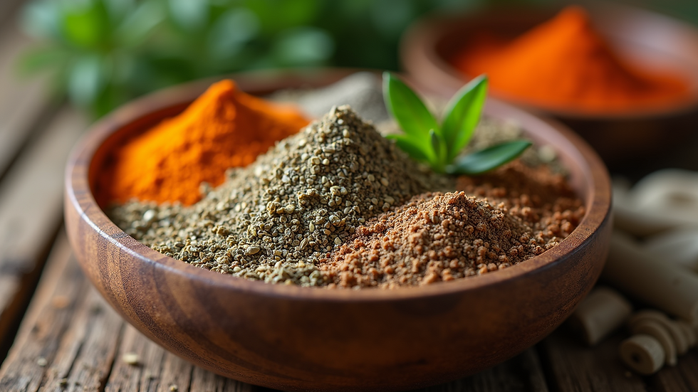 Close-up view of dried herbs and spices in a wooden bowl