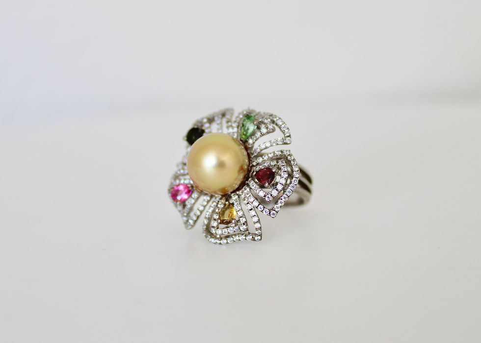 Thumbnail: Natural Yellow Pearl & Multi-Color Tourmaline Floral Pendant in Silver