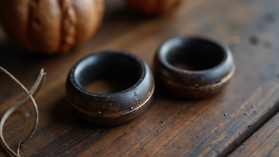 High angle view of blackwood jewelry with metal inlays