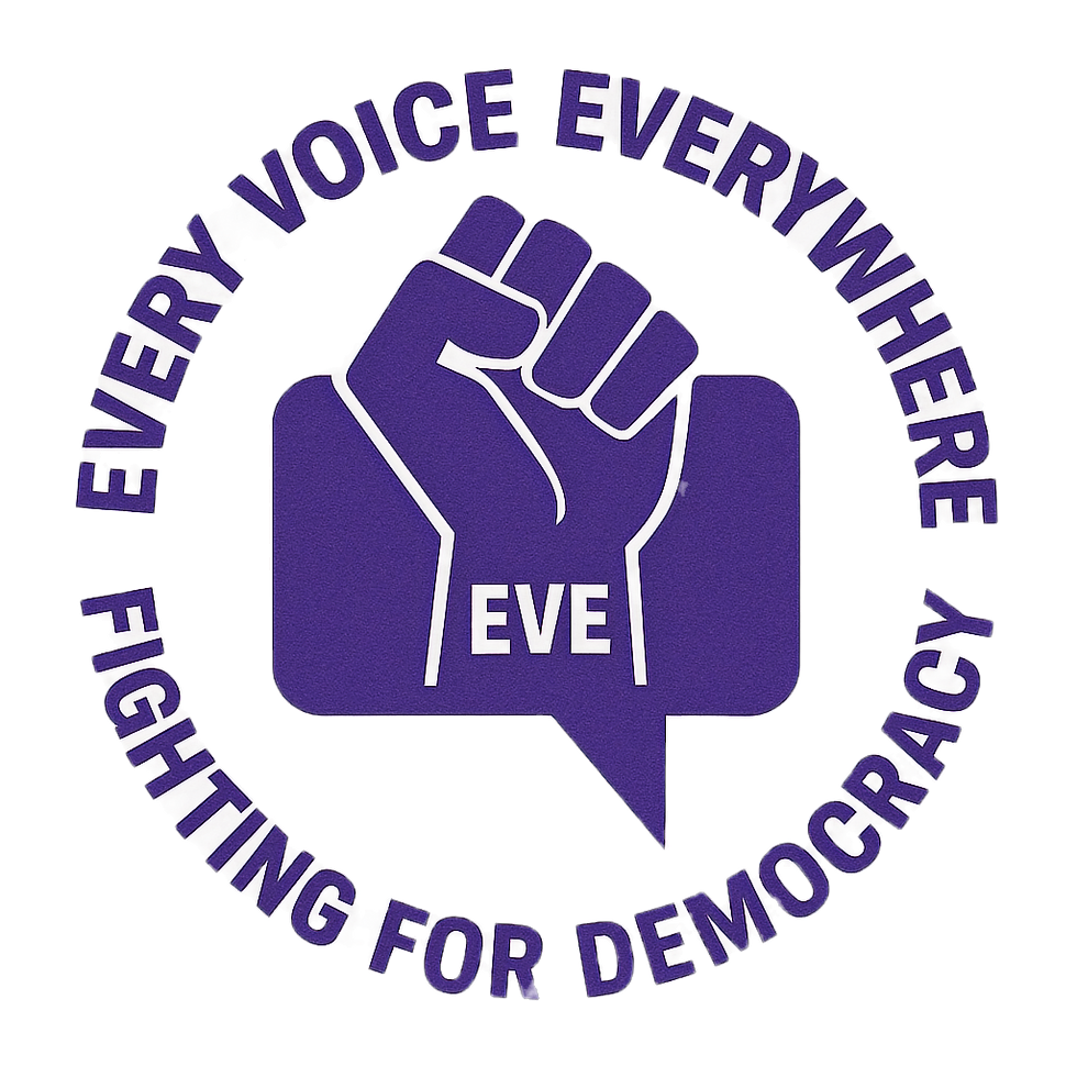 보라색 EVE 로고: 모든 목소리, 모든 곳, 민주주의를 위해 싸우자. EVE 재단.