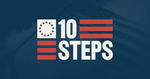 Logo with text: 10 Steps, red stripes, and blue background.
