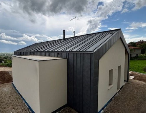 Casa singola moderna con tetto in legno, vetrate e copertura in lamiera