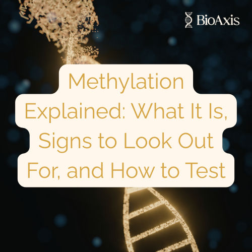 A Dna Helix in the background, with the text "Methylation Explained: What It Is, Signs to Look Out For, and How to Test" in the foreground. Created by BioAxis