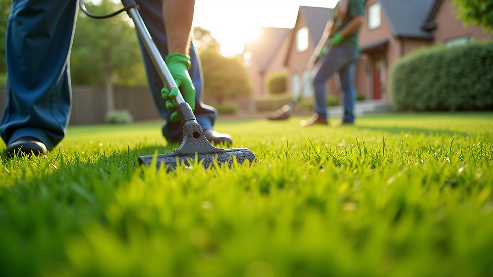 Eye-level view of a professional lawn care team tending to a green yard