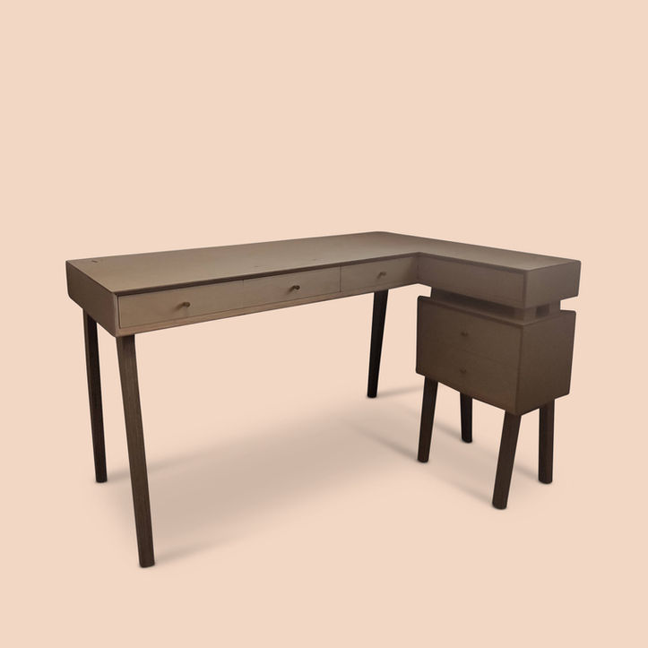 L-shaped desk and pedestal unit in birch ply with slim legs, designed for ergonomic workspace efficiency.