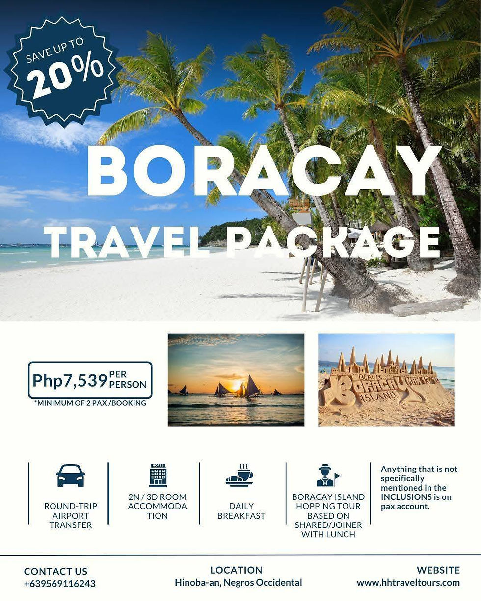 Boracay travel package ad: 20% off with transfers, 2-night stay, breakfast & island hopping by HH Travel Tours.