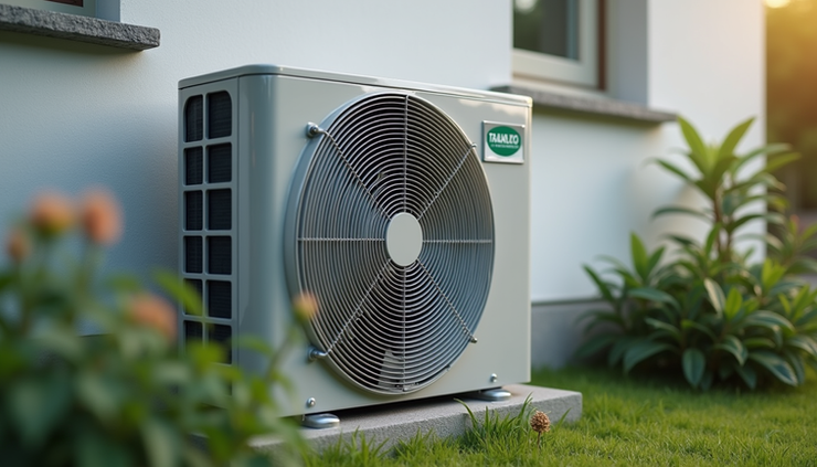 Vue en plan rapproché d’une unité extérieure de pompe à chaleur air-air installée sur une façade de maison