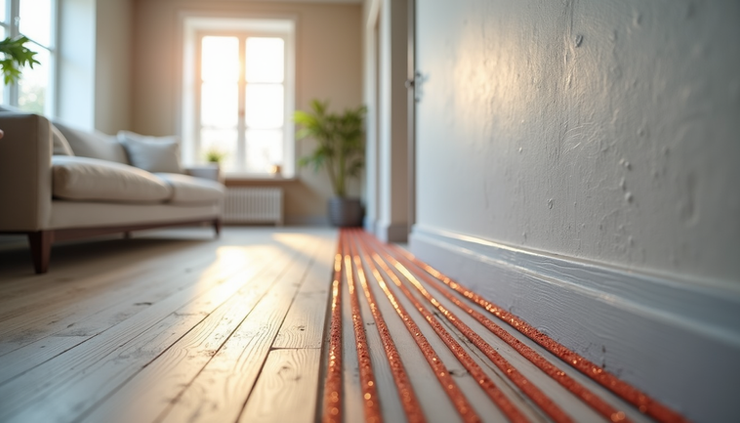 Vue latérale d’un plancher chauffant alimenté par une pompe à chaleur air-eau dans un salon moderne
