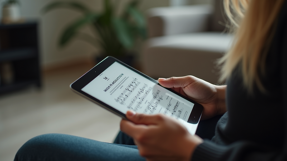 Close-up view of a person reading a music production eBook on a tablet