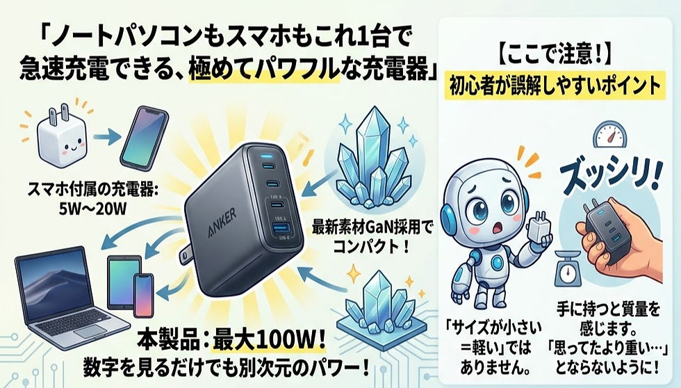 スマホやノートPCを急速充電できる充電器の説明イラスト。左に充電器、右にかわいいロボットと重さを測る手の図。注目するよう指示。