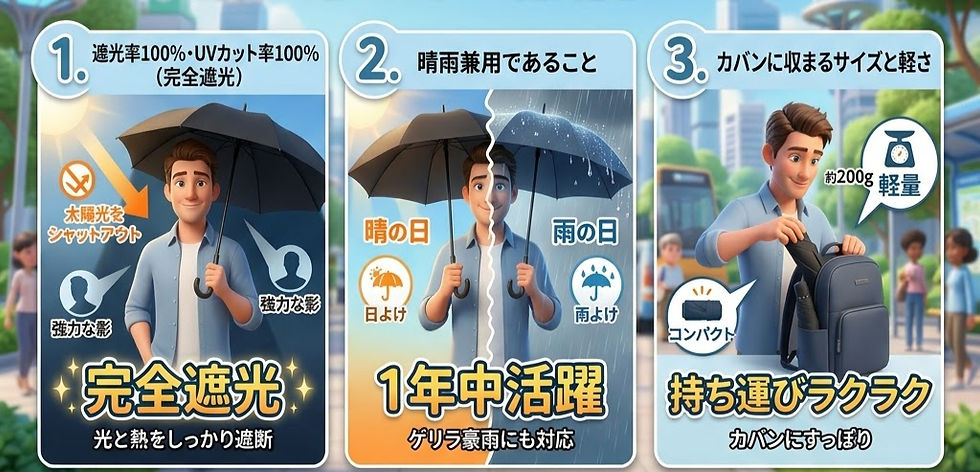 男性が傘を持ち、晴れ/雨の日に使用できる様子を示す3つの場面。背景に自然や都市の風景。テキスト:完全遮光、1年中活躍、持ち運びラクラク。
