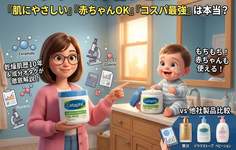 メガネの女性がセタフィルクリームを持ち、赤ちゃんはクリームを顔に塗り笑顔。背景に化学構造と日本語の説明文。浴室風景。