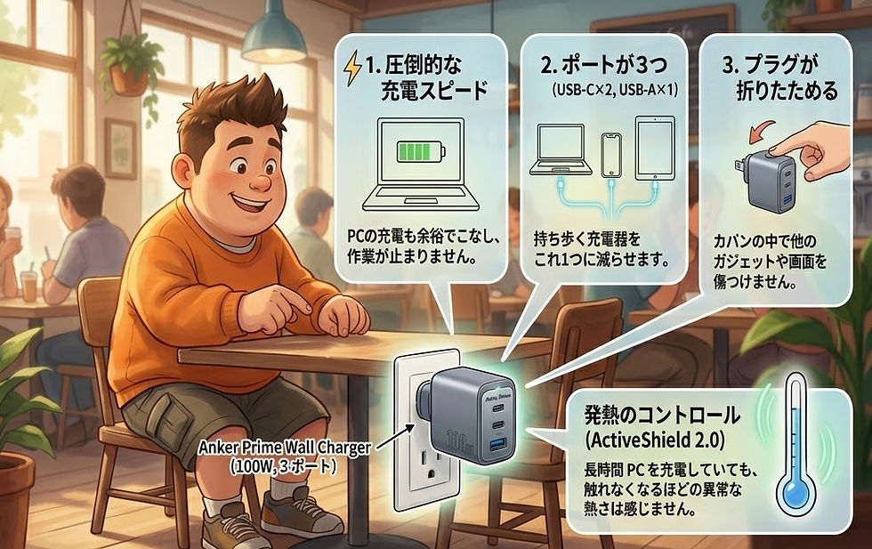 カフェで男の子がAnker Prime Wall Chargerを使用。充電スピードや3ポート、プラグの特徴が紹介されている。背景には明るい室内と他の人々。