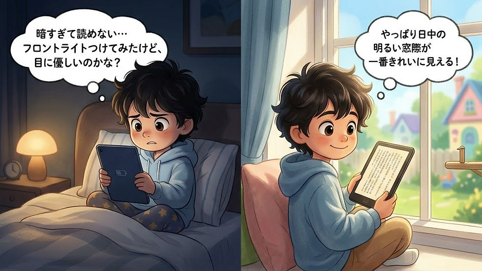 眠る部屋でタブレットを見つめる少年が暗さに悩み、一方、明るい窓辺で本を読んで満足するシーン。モノローグあり。