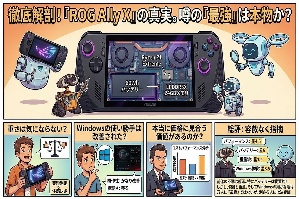 ROG Ally Xのレビュー漫画。中央にゲーム機、ロボットや人物が周囲に配置。テキストやイラストで性能評価を示す設定。