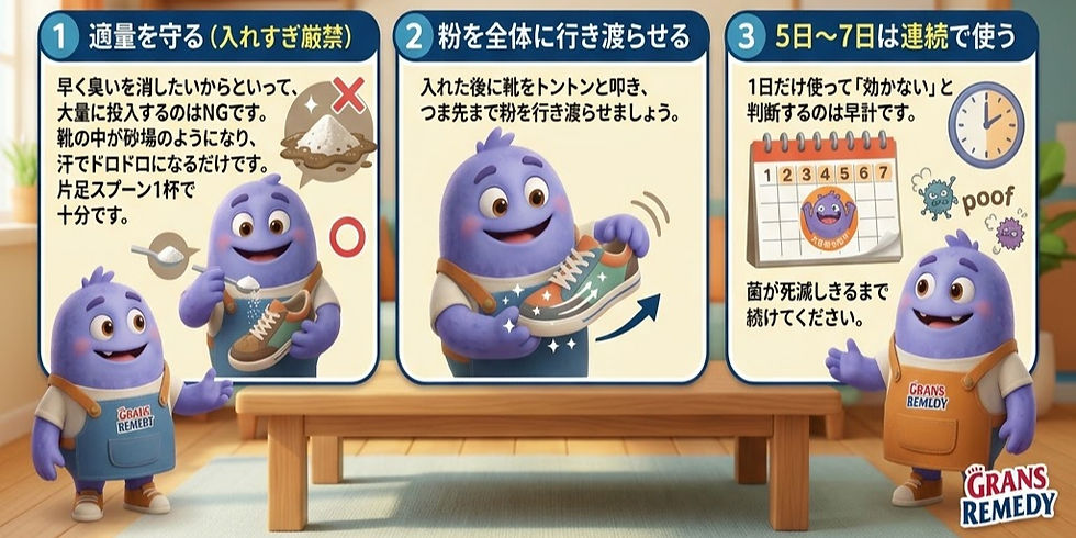 3つの場面に青紫色のキャラクターが描かれています。1. 靴にスプーンで粉を加える。2. 靴を振る。3. カレンダーで5~7日使用を指示。各シーンに日本語の説明あり。背景は室内。