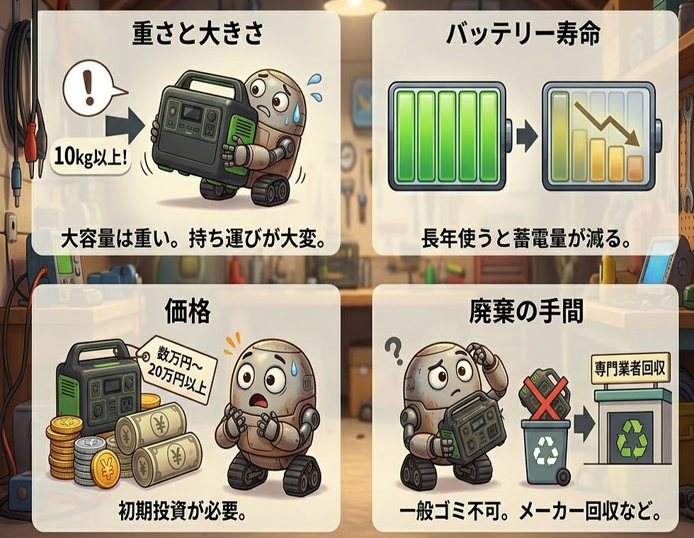 作業場でロボットが重い装置を持ち、バッテリーの寿命低下や価格、廃棄の問題を説明するイラスト。テキストと感情表現あり。