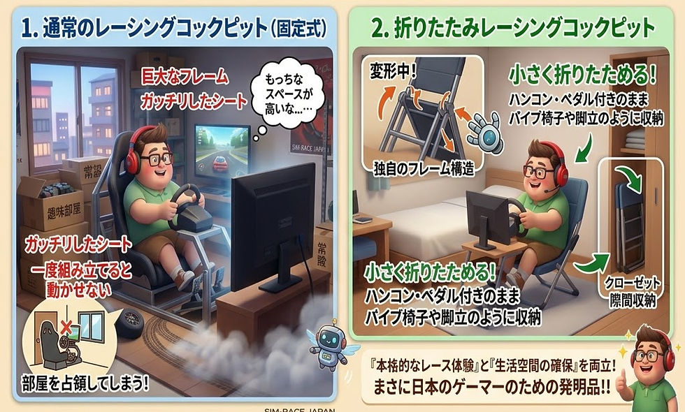 部屋の中でレーシングコックピットを使用する男性。左は通常の大きさで場所を取るが、右は折りたたみ式でコンパクト収納が可能。