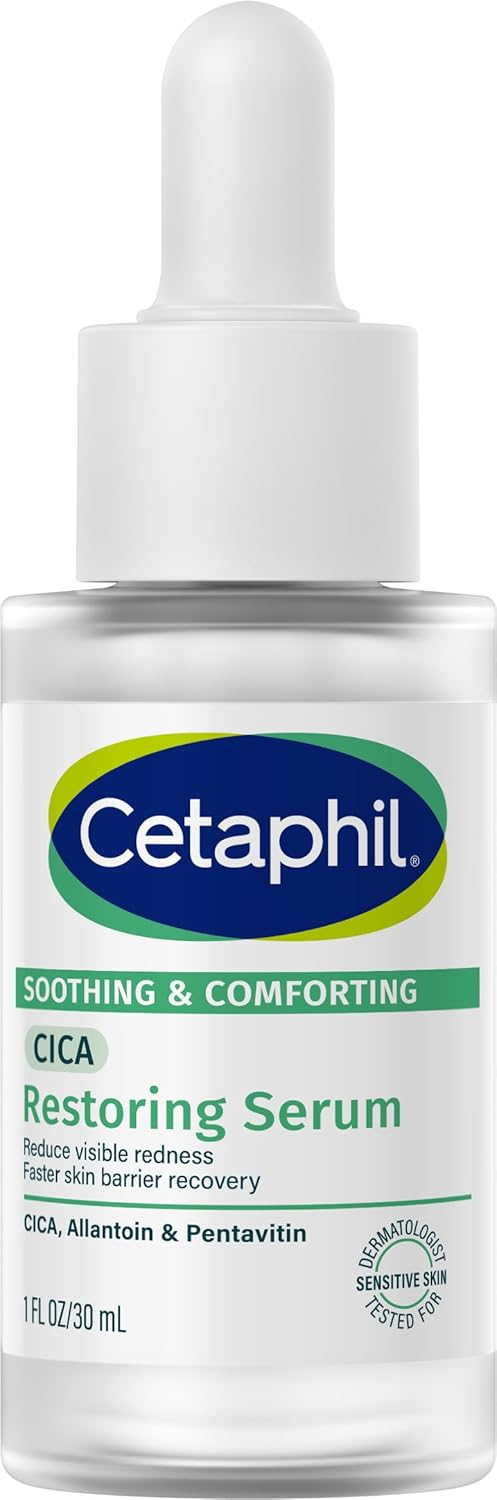 白地の背景に置かれたセタフィルの「CICA Restoring Serum」ボトル。青と緑のラベル、滴下器付き。敏感肌向けと記載。