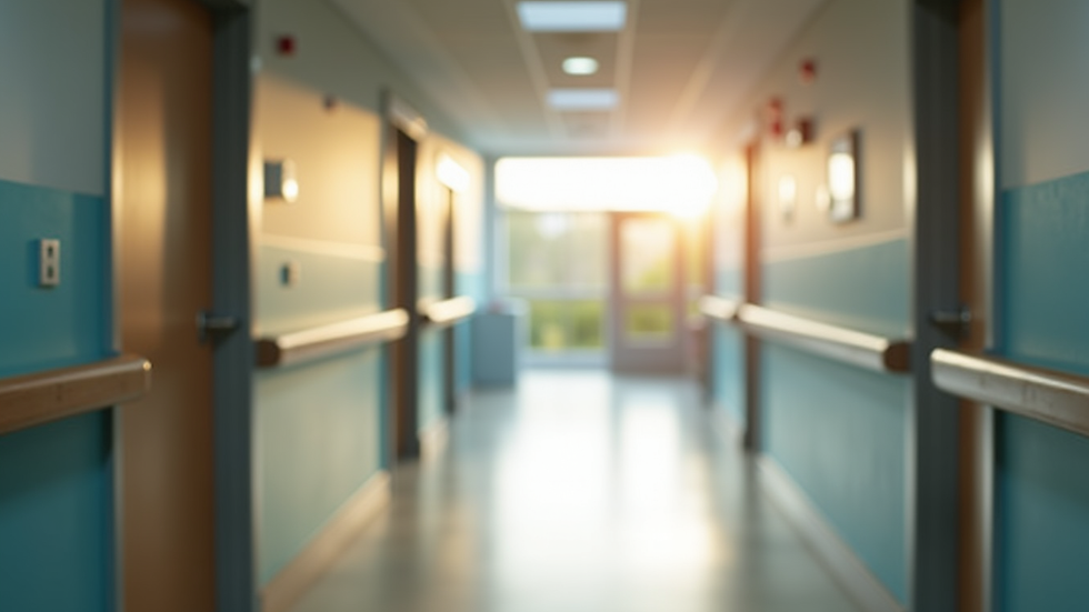 eye-level view of modern nursing home corridor with natural light