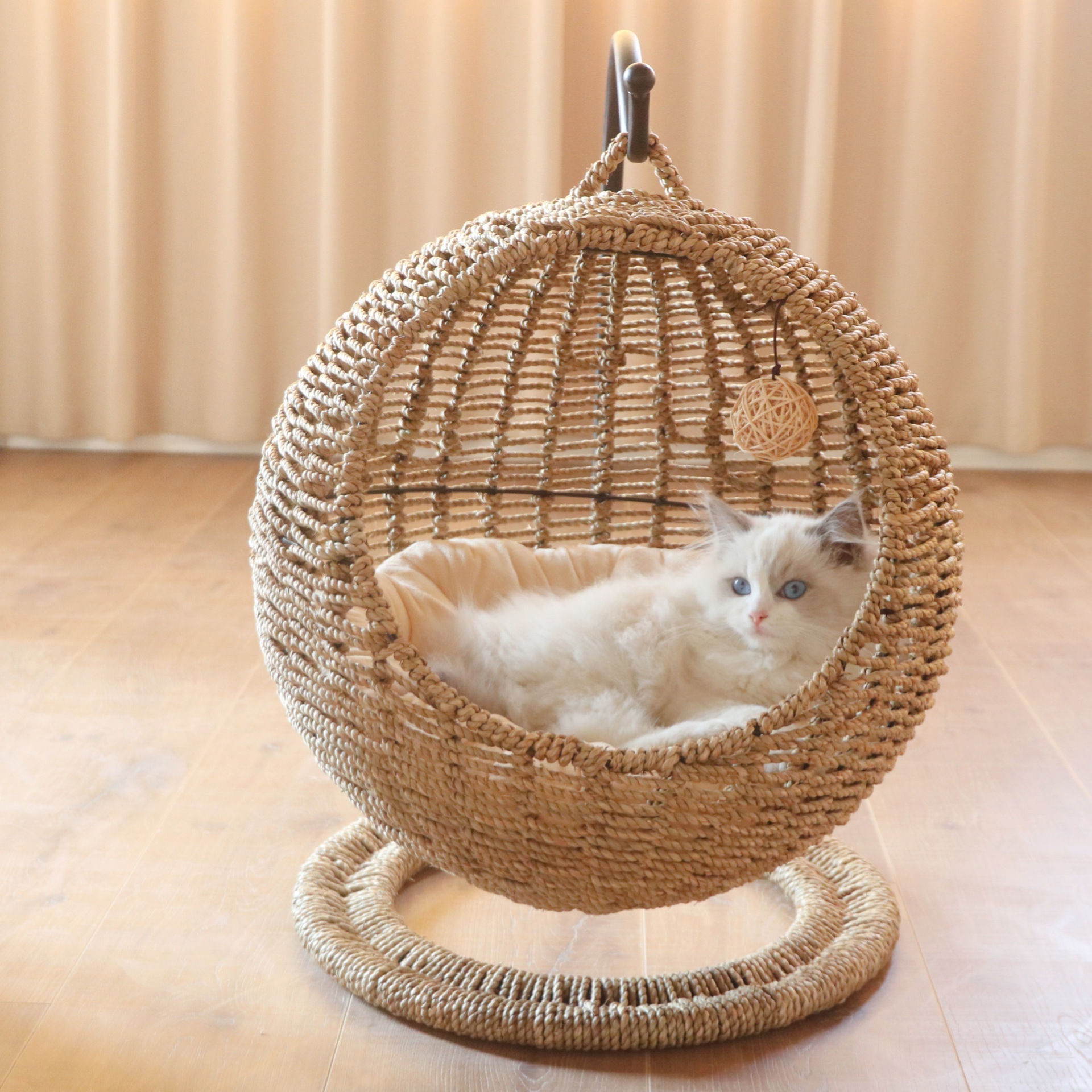 Boho Rattan Hanging Cat Bed with Plush Cushion – Breathable Wicker Cradle Swin