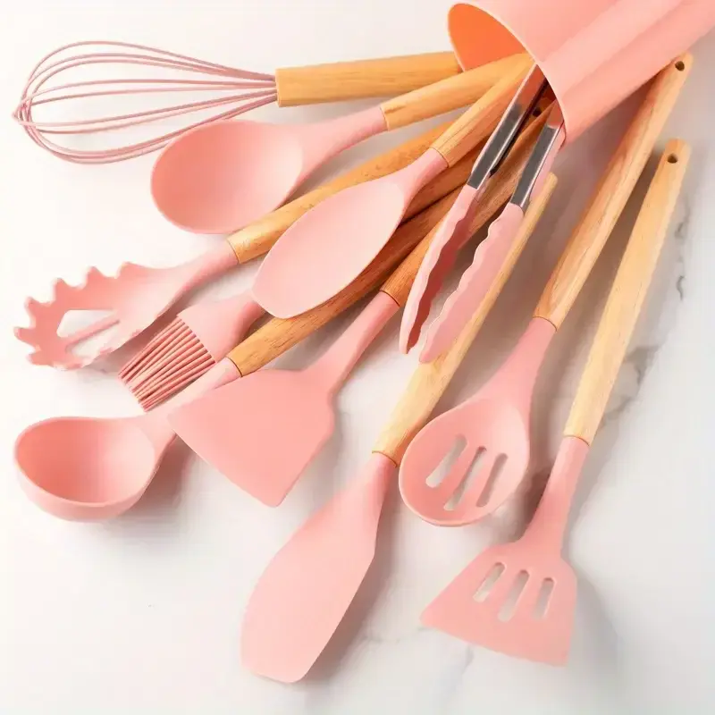 Thumbnail: 12-Piece Multi-Coloured Silicone Kitchen Utensil Set with Wooden Handles