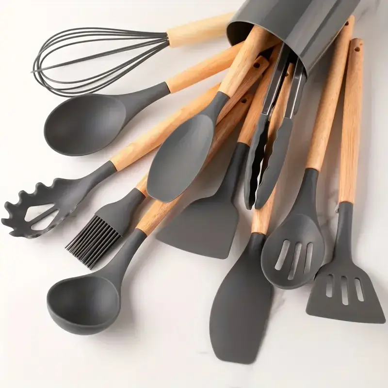Thumbnail: 12-Piece Multi-Coloured Silicone Kitchen Utensil Set with Wooden Handles