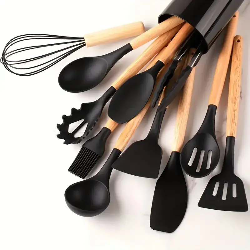 Thumbnail: 12-Piece Multi-Coloured Silicone Kitchen Utensil Set with Wooden Handles
