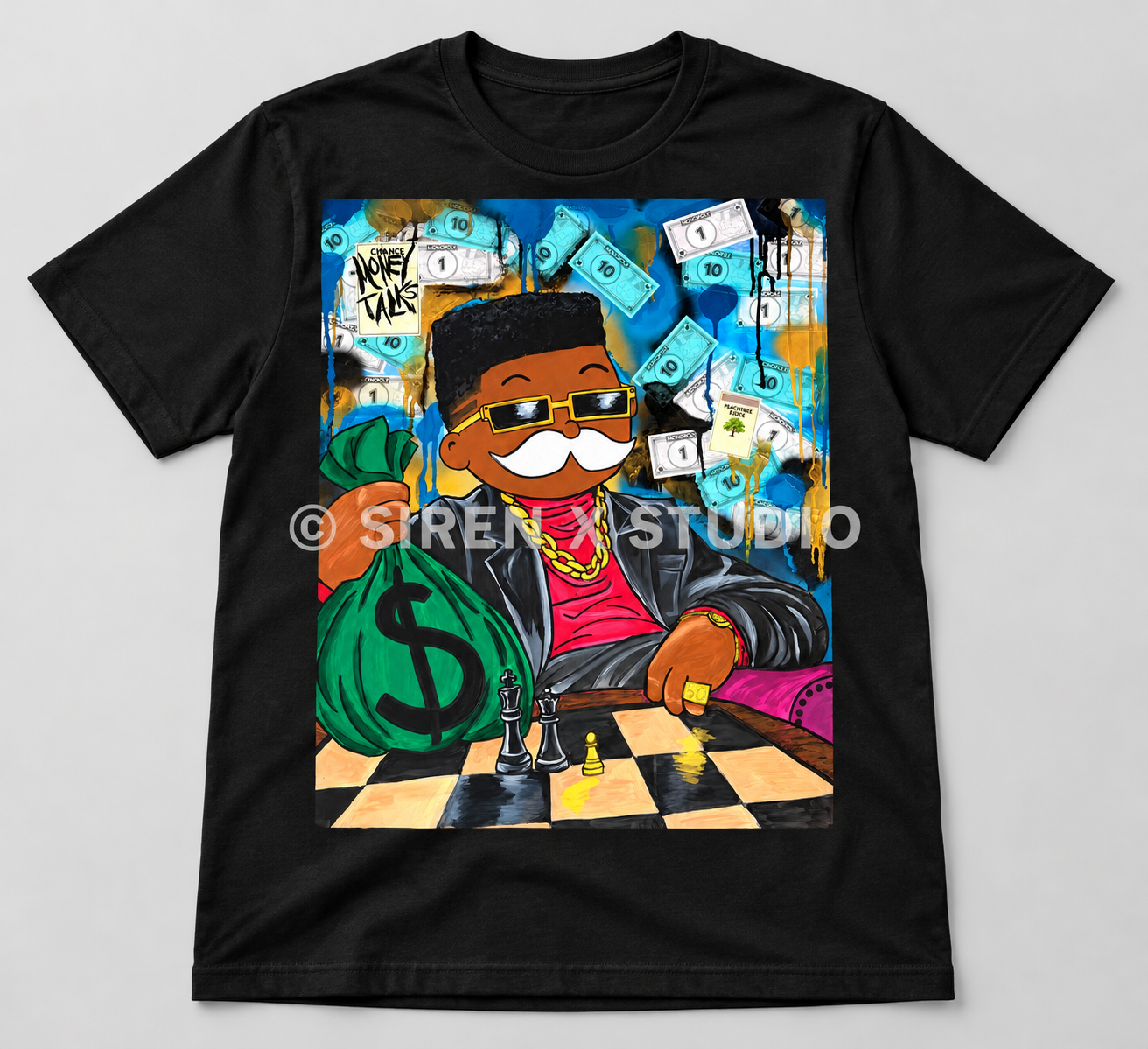 Money Talks black T-shirt concept mockup