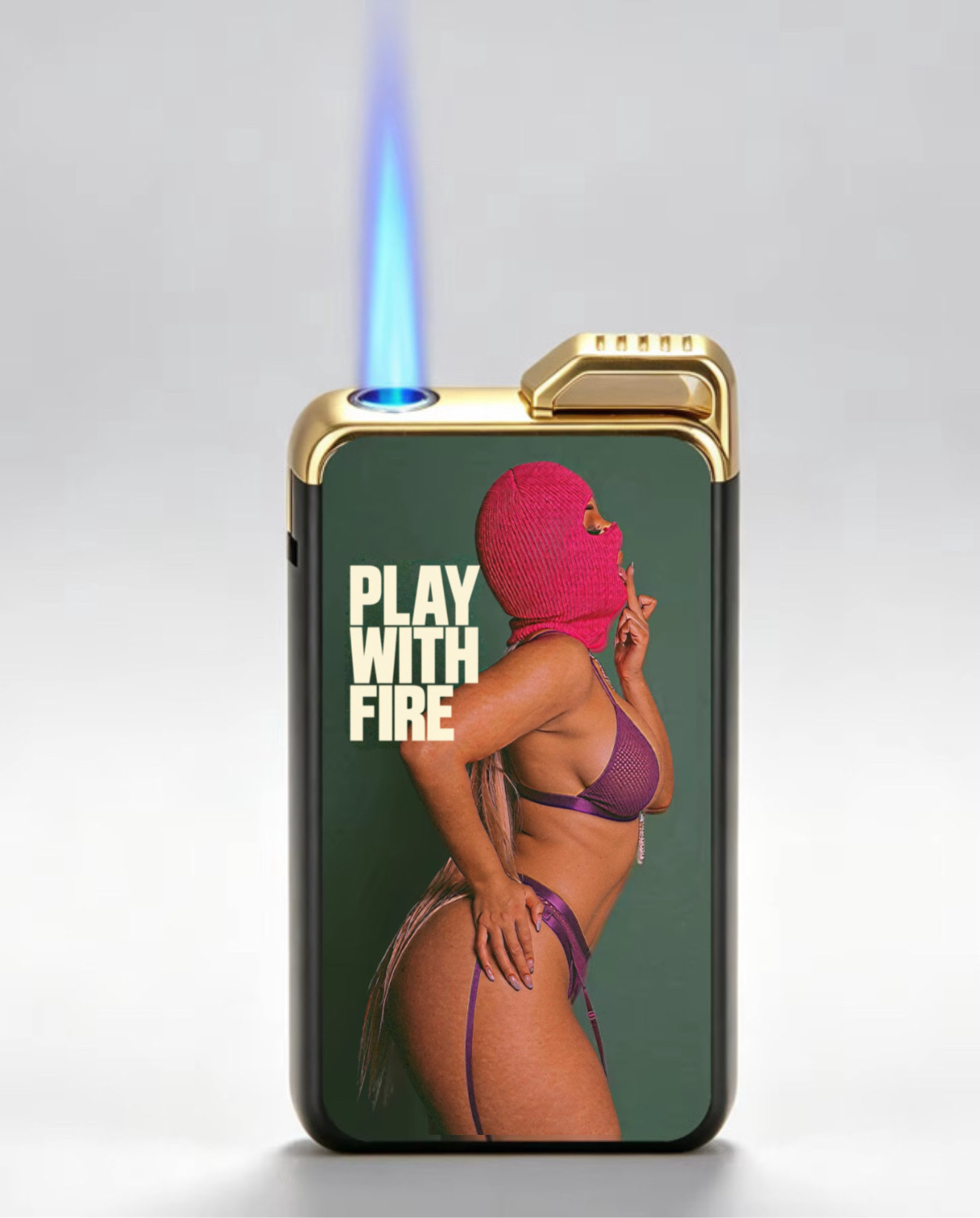 Play With Fire black and gold lighter mockup