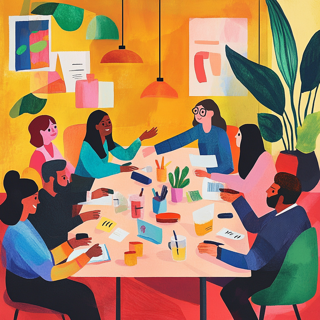 Ілюстрація, що втілює орієнтацію на клієнта: різноманітна команда професіоналів співпрацює за столом, обговорюючи ідеї, з задоволеними клієнтами, які надають зворотний зв'язок. Яскраві, привабливі кольори, сучасне офісне середовище та чітка увага на командній роботі й комунікації.