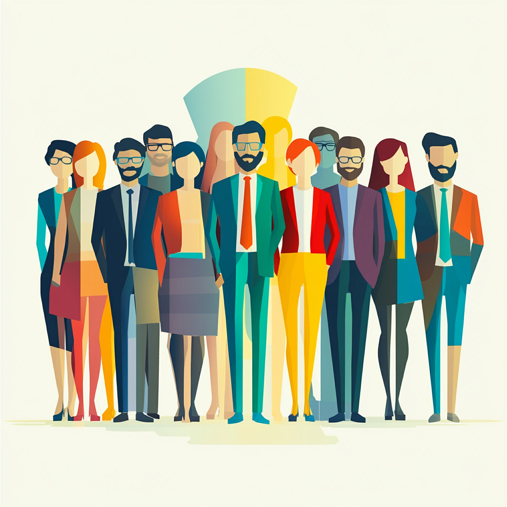 Лідерство в бізнесі — управління та мотивація команди, різноманітна група людей, яскраві кольори, сучасний стиль.