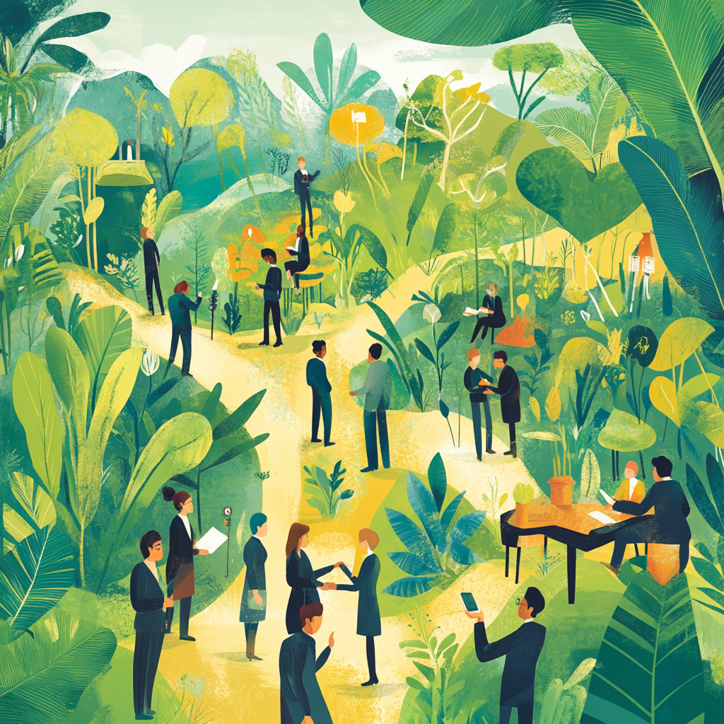 Ілюстрація яскравої екосистеми успіху, де партнерства та нетворкінг об'єднують людей у спільноті.