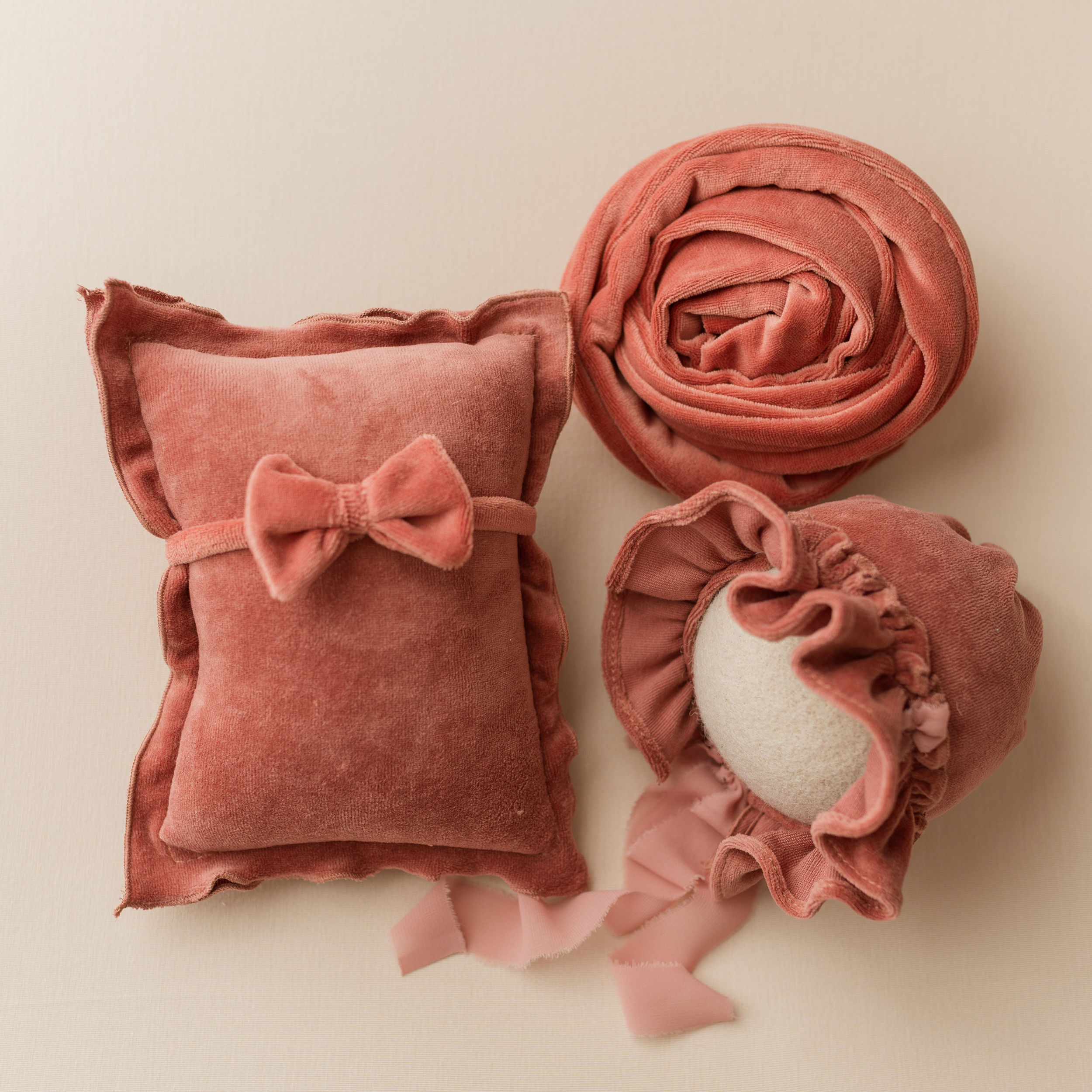 SET Pillow, Tieback, Wrap and Bonnet - Newborn Photo Prop, Clay Pink