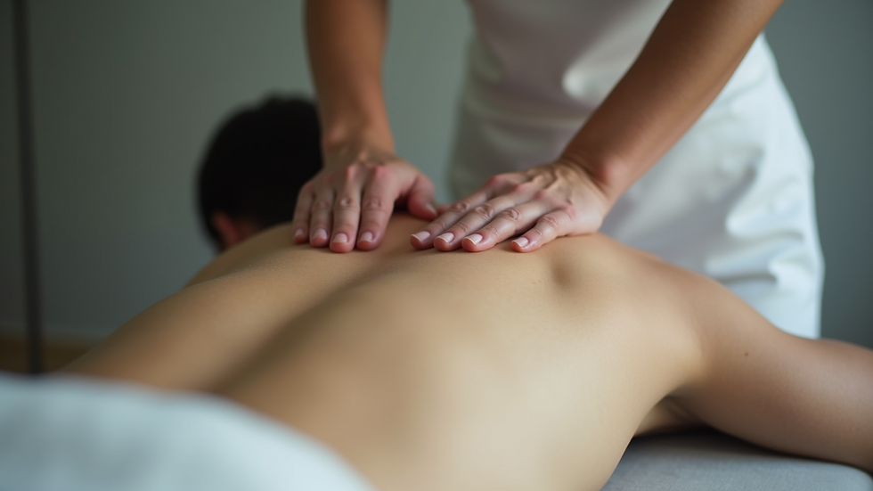 Close-up view of a Rolfing session in progress, showing a practitioner working on a client's back