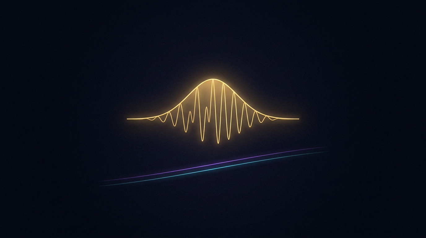 A golden wave packet rising and fading inside a bell-shaped envelope on a deep indigo background